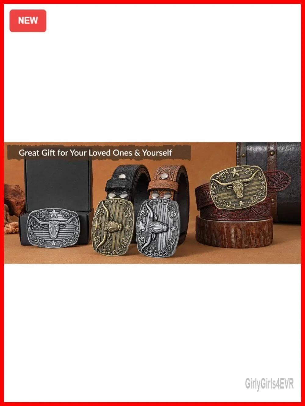 Embossed Leather Western Cowboy Belt with Longhorn Buckle